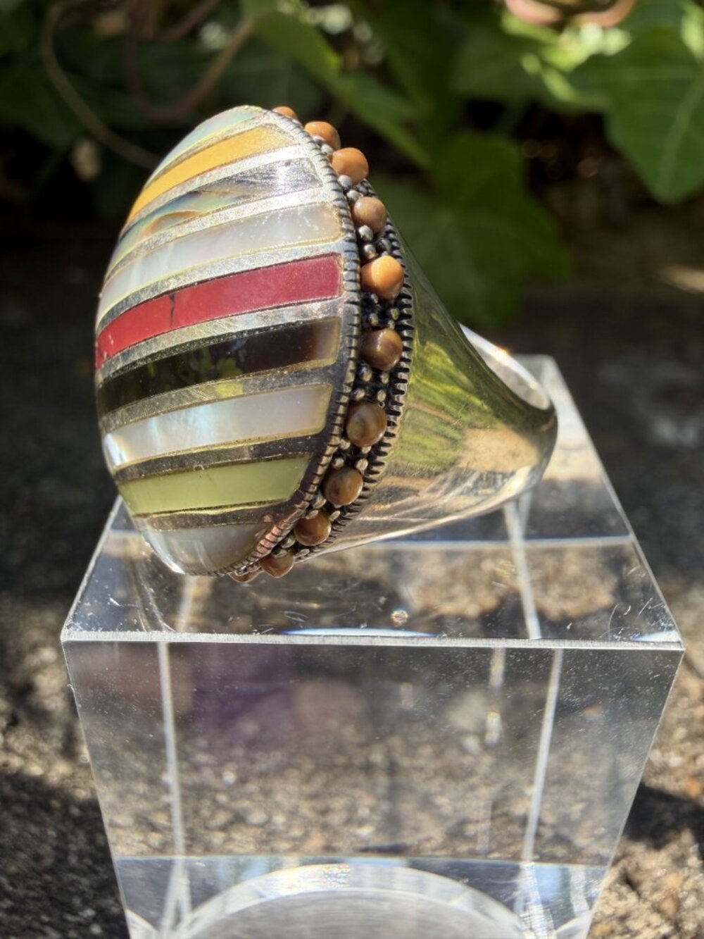 Southwestern Multi Stone Striped Inlay Ring 8 Sterling Silver MOP Jasper Boho - Picture 3 of 15